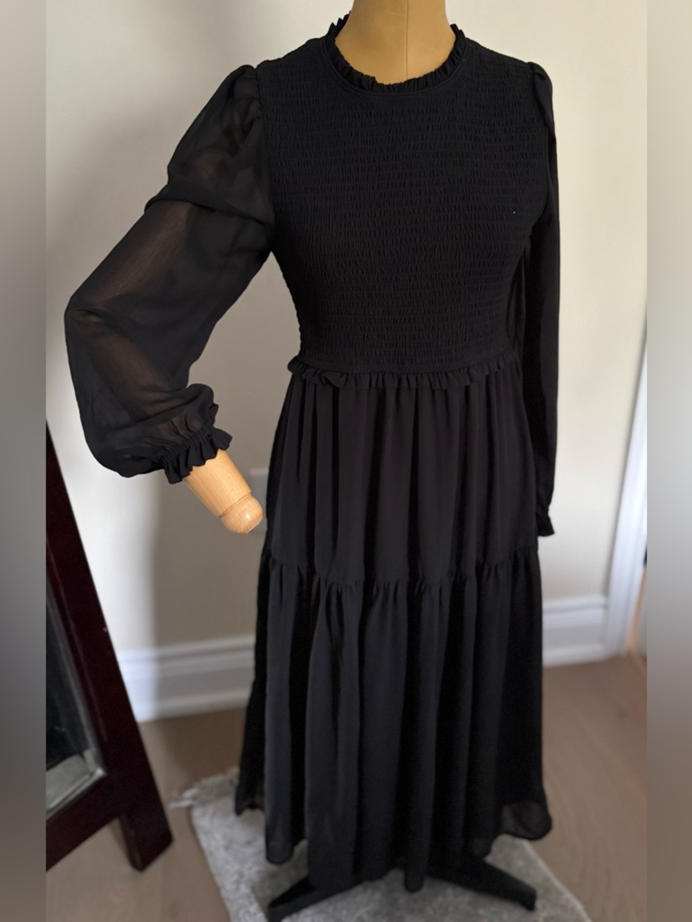 JAPNA Black Long Sleeve Full Length Smocked Dress (M)